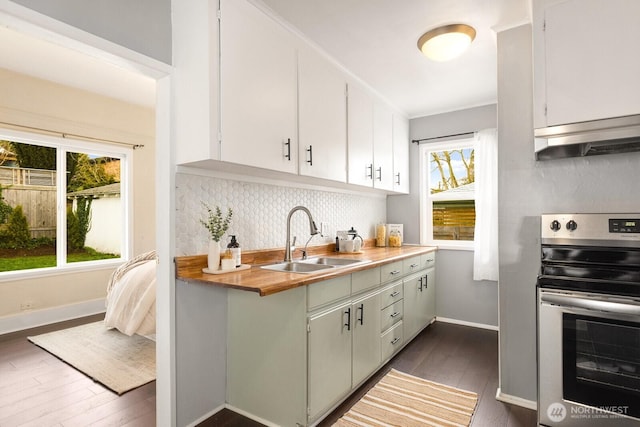 kitchen featuring under cabinet range hood, electric range, a sink, white cabinets, and tasteful backsplash