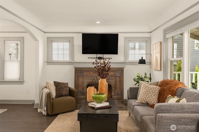 living area featuring dark wood-type flooring, baseboards, arched walkways, and a fireplace with raised hearth