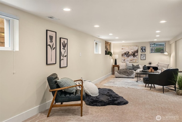 sitting room featuring visible vents, recessed lighting, baseboards, and carpet floors