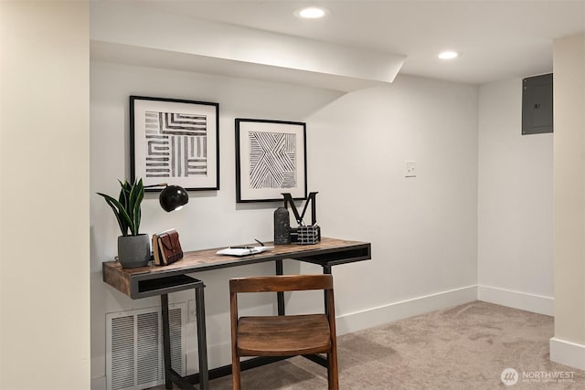 home office with baseboards, visible vents, electric panel, recessed lighting, and carpet flooring