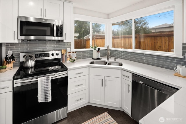 kitchen featuring stainless steel appliances, white cabinets, and a sink