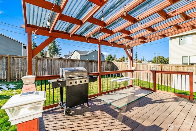 wooden deck with a yard, a fenced backyard, and area for grilling