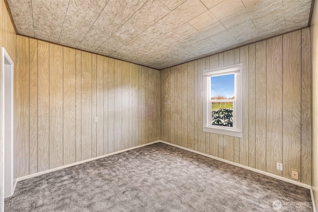 carpeted empty room featuring wooden walls and baseboards