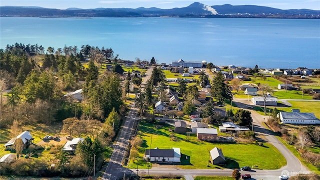 drone / aerial view featuring a residential view and a water and mountain view