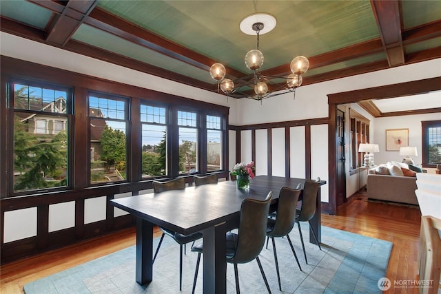 dining room with a notable chandelier, coffered ceiling, wood finished floors, beamed ceiling, and crown molding