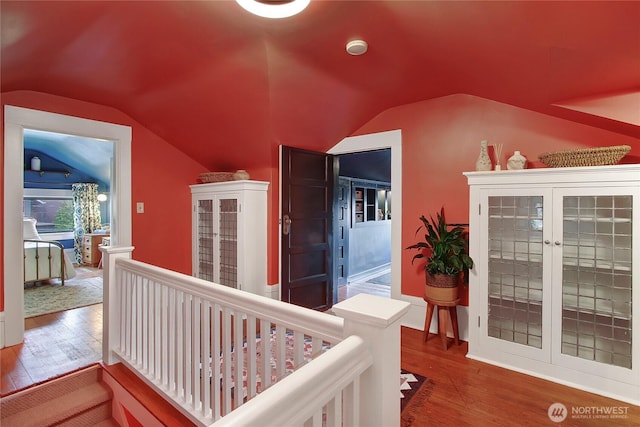 hallway with lofted ceiling and wood finished floors