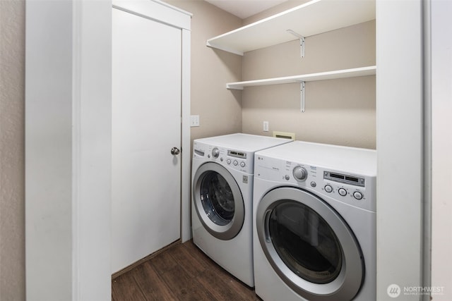 9100 Lewis Dr NE, Lacey, WA 98516 - laundry area featuring washer and clothes dryer and dark wood finished floors