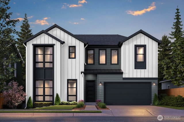 modern inspired farmhouse with board and batten siding, a standing seam roof, driveway, and a garage