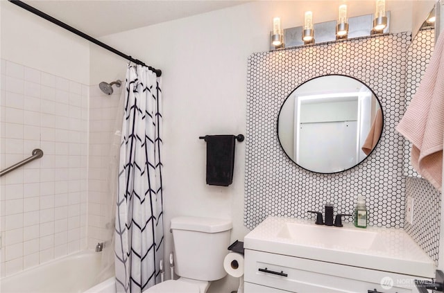 bathroom featuring toilet, shower / bathtub combination with curtain, decorative backsplash, and vanity