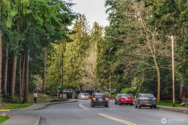 view of road featuring curbs, street lighting, and sidewalks