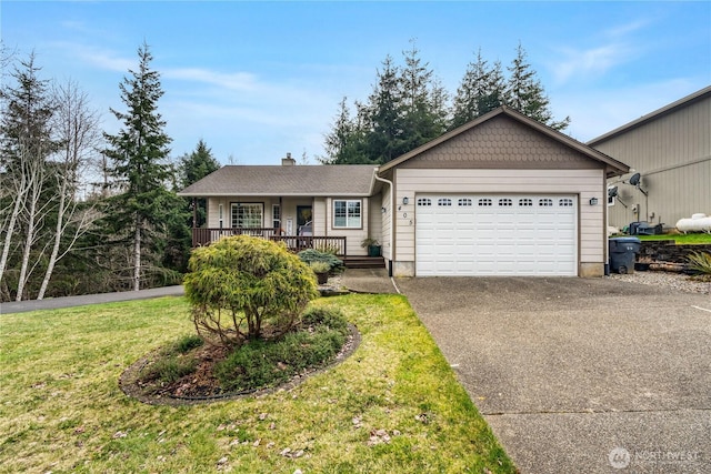 ranch-style house featuring driveway, a garage, a porch, and a front yard