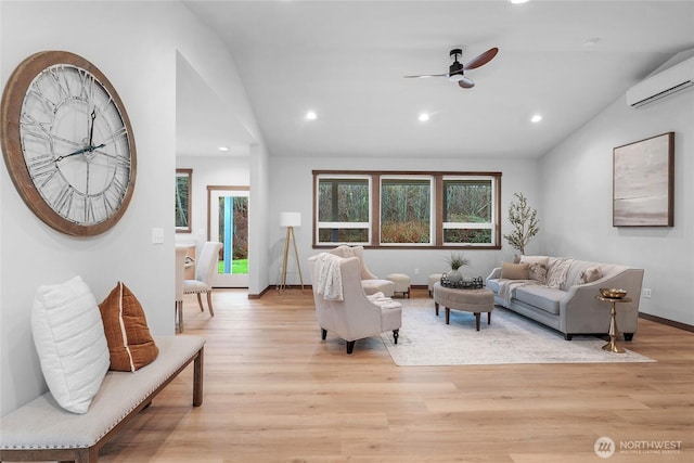 living room with vaulted ceiling, baseboards, light wood-style flooring, and recessed lighting