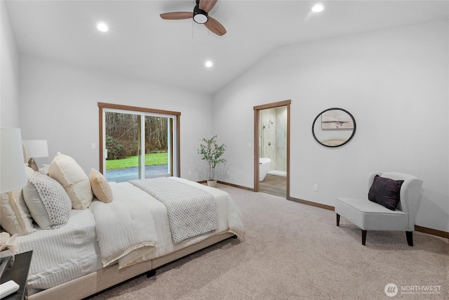 bedroom featuring baseboards, connected bathroom, access to outside, vaulted ceiling, and carpet flooring