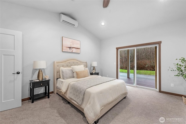 bedroom with lofted ceiling, light colored carpet, baseboards, access to outside, and a wall mounted AC