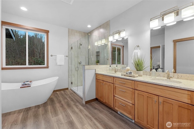 full bath featuring double vanity, wood finished floors, a sink, and a shower stall