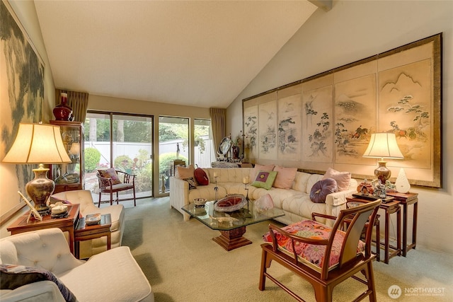 living area featuring lofted ceiling and carpet