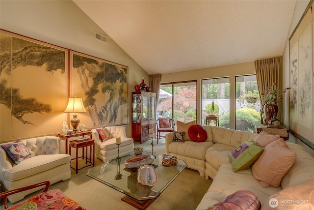 carpeted living area with lofted ceiling and visible vents