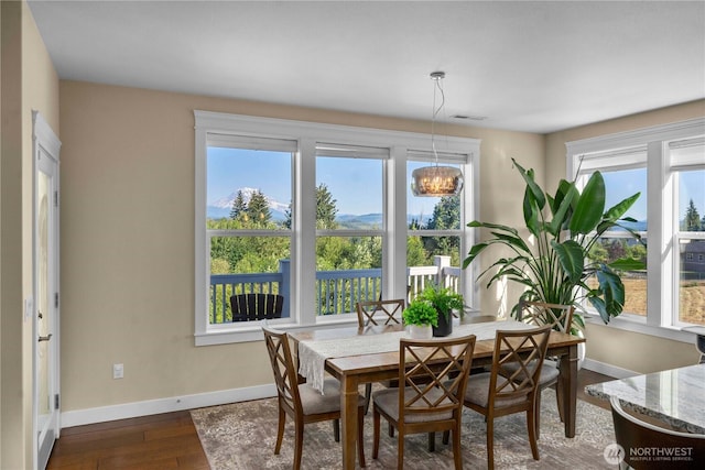 dining room featuring visible vents, baseboards, and wood finished floors