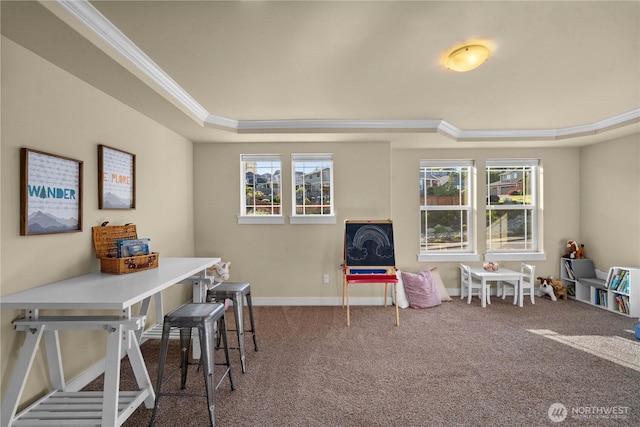 recreation room with carpet, a raised ceiling, crown molding, and baseboards