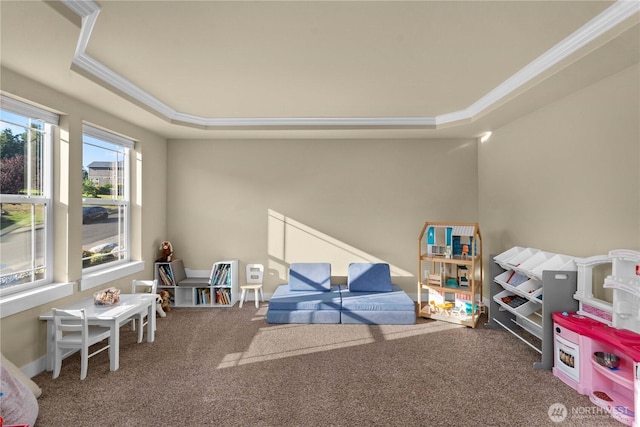 game room featuring ornamental molding, a tray ceiling, and carpet