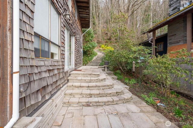 view of yard featuring a patio and stairs