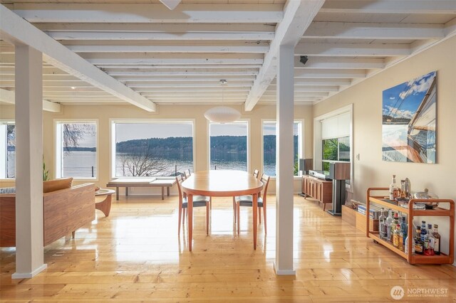 sunroom featuring a healthy amount of sunlight, beamed ceiling, and a water view