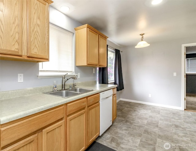 17123 6th Avenue Ct E, Spanaway, WA 98387 - kitchen featuring a sink, dishwasher, light brown cabinets, light countertops, and pendant lighting