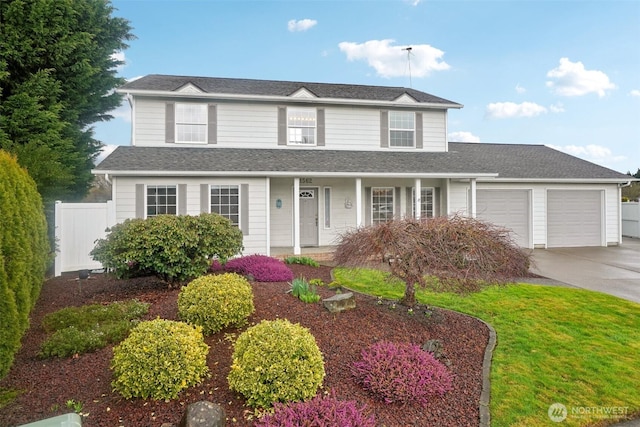 traditional-style home featuring a porch, an attached garage, a shingled roof, fence, and driveway