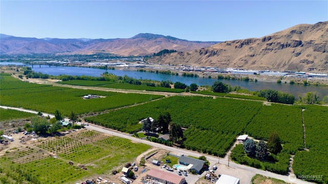 bird's eye view featuring a rural view and a water and mountain view