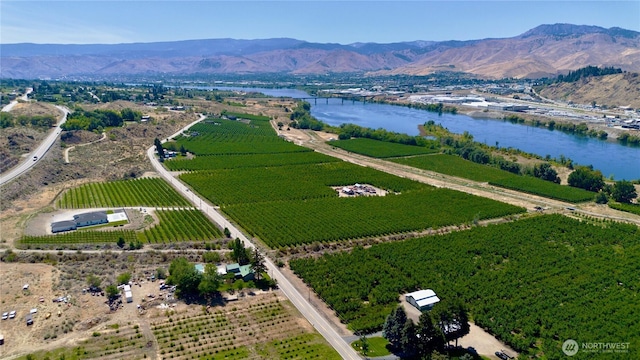 drone / aerial view with a rural view and a water and mountain view