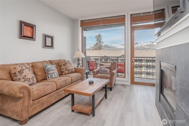 living room with light wood finished floors, expansive windows, and a glass covered fireplace