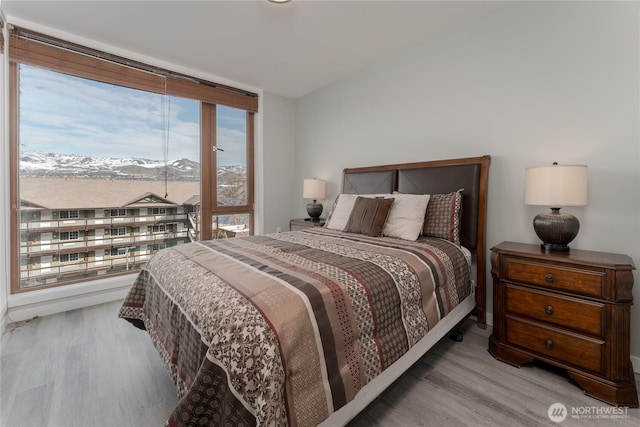 bedroom with floor to ceiling windows and wood finished floors