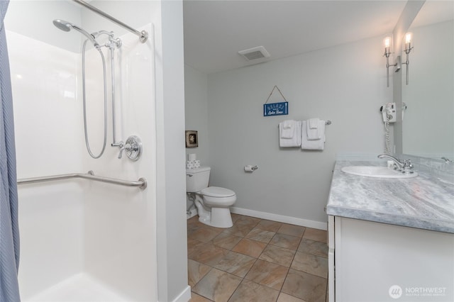 full bathroom with toilet, visible vents, vanity, baseboards, and a shower