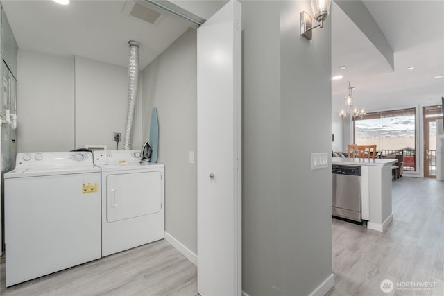 laundry room featuring laundry area, visible vents, baseboards, washer and dryer, and light wood-type flooring