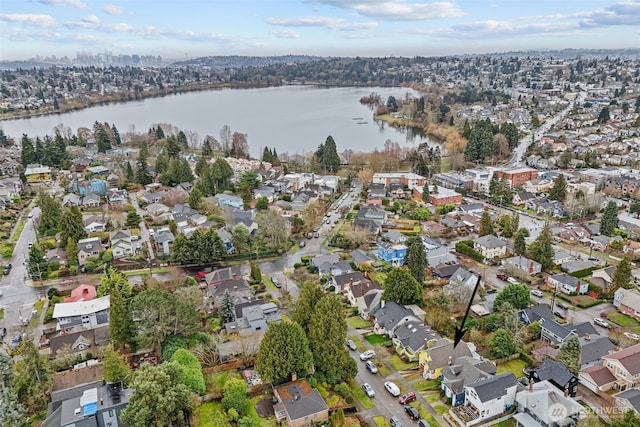 aerial view featuring a water view and a residential view