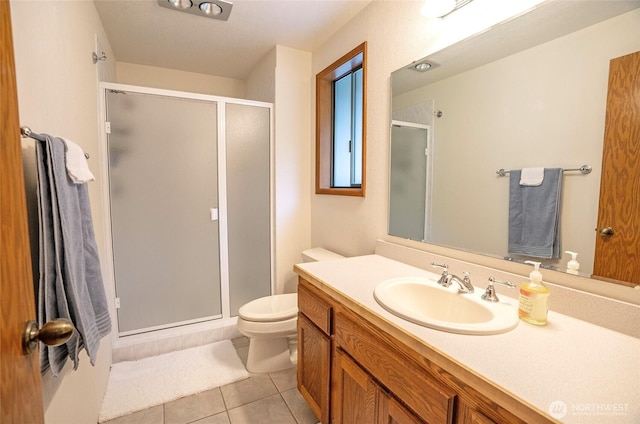 full bath with toilet, a stall shower, and tile patterned floors