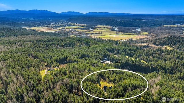 bird's eye view with a forest view and a mountain view