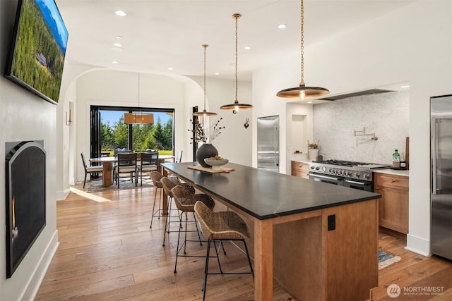 kitchen featuring light wood finished floors, high quality appliances, backsplash, and a center island