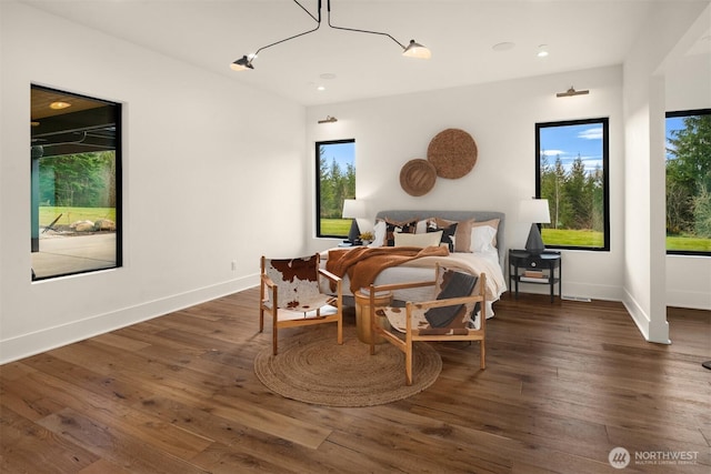 bedroom featuring multiple windows, baseboards, and wood finished floors