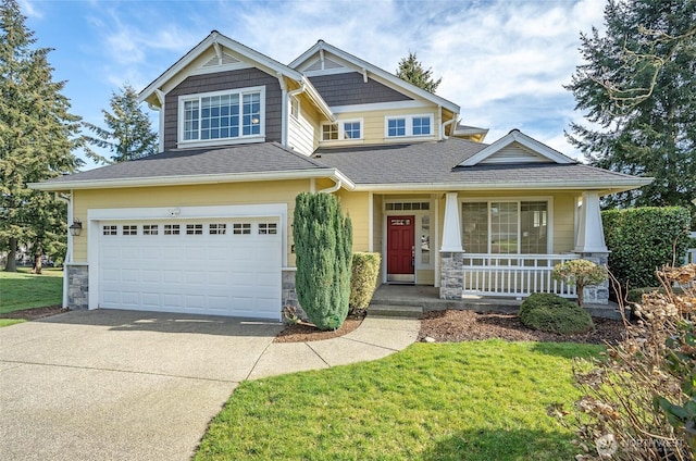 craftsman house featuring a porch, an attached garage, concrete driveway, stone siding, and roof with shingles