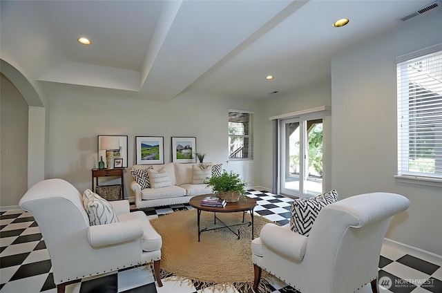 4329 Fairwood Blvd NE, Tacoma, WA 98422 - living room featuring tile patterned floors, visible vents, recessed lighting, and a wealth of natural light