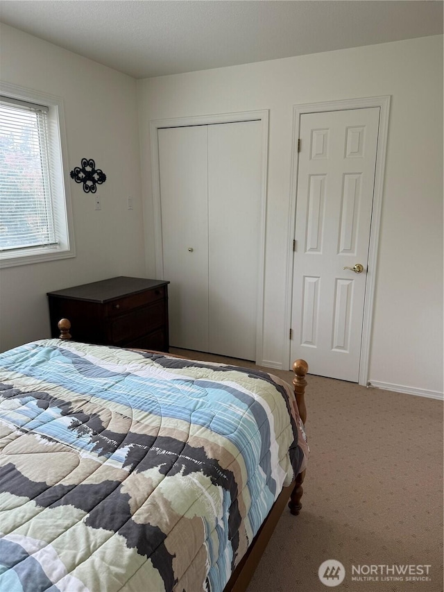 bedroom with a closet, carpet flooring, and baseboards