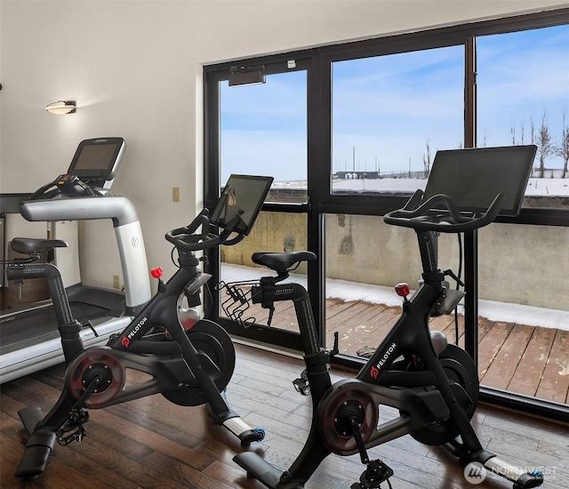 exercise room with wood finished floors