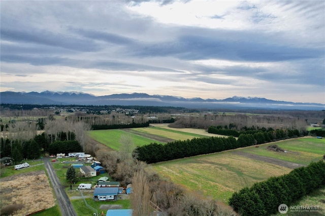 bird's eye view featuring a mountain view and a rural view