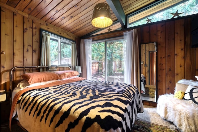 bedroom with lofted ceiling, wooden walls, wood ceiling, and access to outside