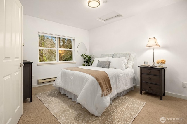 bedroom featuring attic access, light colored carpet, a baseboard heating unit, and baseboards