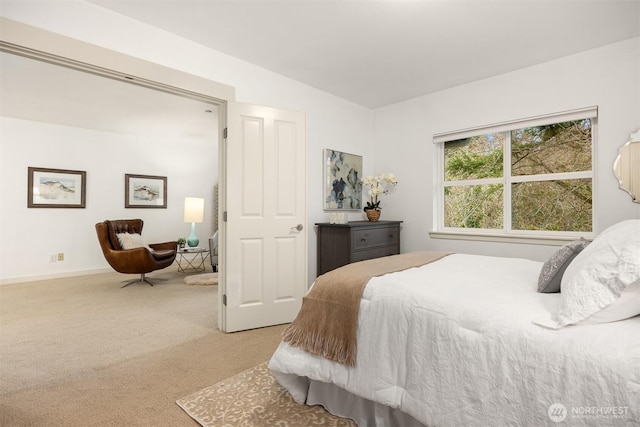 bedroom with light colored carpet