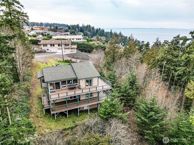 aerial view featuring a water view