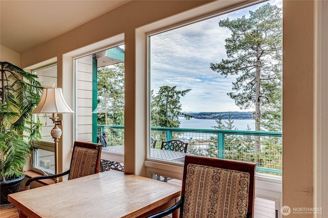 interior space with a wealth of natural light and a water view