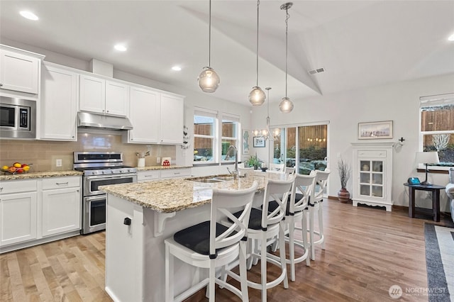 kitchen with under cabinet range hood, stainless steel appliances, a sink, vaulted ceiling, and a center island with sink